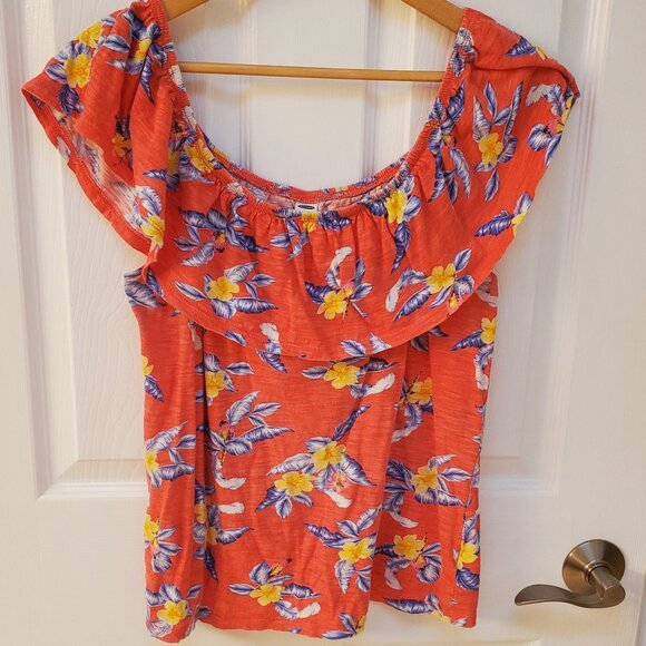 Old Navy Size Medium Off the Shoulder Tropical top Coral color - Picture 1 of 6